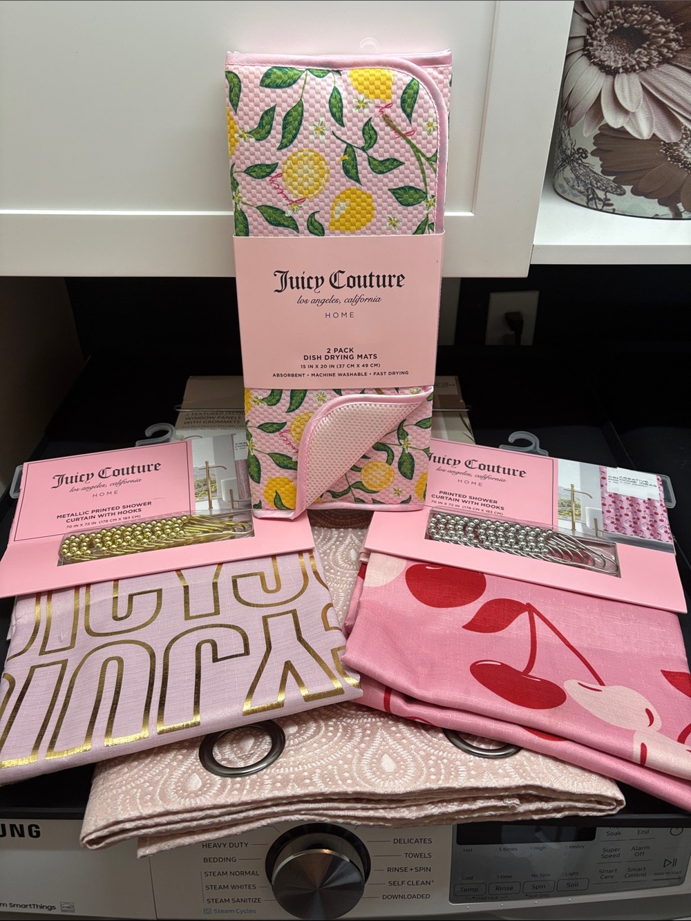 Juicy Couture Pink Bundle (2) shower curtains, dish mat set and curtains !